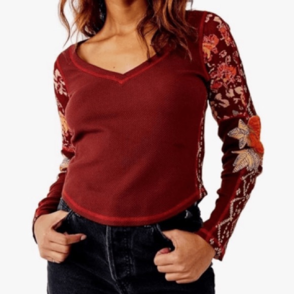 Free people Amara Floral long sleeve v neck waffle knit wine Small embroidered - Picture 7 of 9